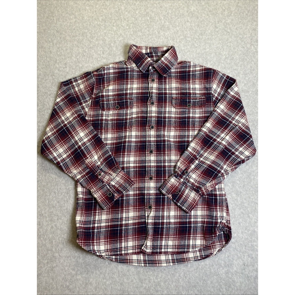 Jachs NY Mens Medium Plaid Flannel Shirt Burgundy White Blue Long Sleeve Button